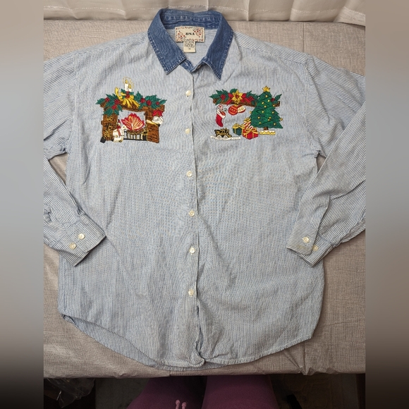 Vintage BSA Women Size Large Denim Embroidered Christmas Button Shirt Long Sleev - Picture 6 of 7